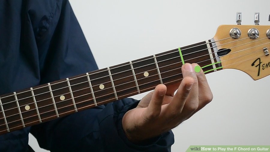 Đặt ngón trỏ lên dây thứ 1 và thứ 2 khi chơi hợp âm F mở trên guitar